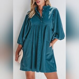 Teal Corduroy Buttoned High Waist 3/4 Sleeve Dress